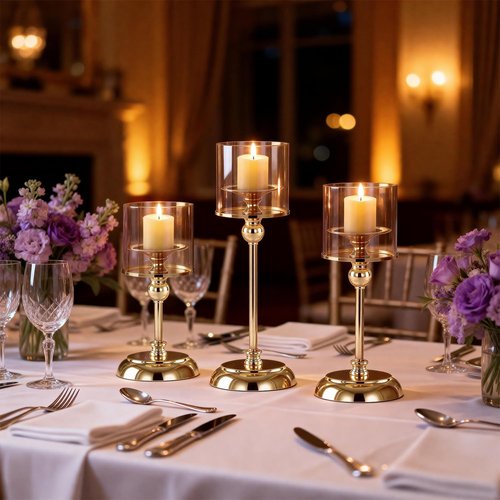 Gold Hurricane Candle Holders - Set of 6 Tall Windproof Taper Holders for Indoor/Outdoor Decor