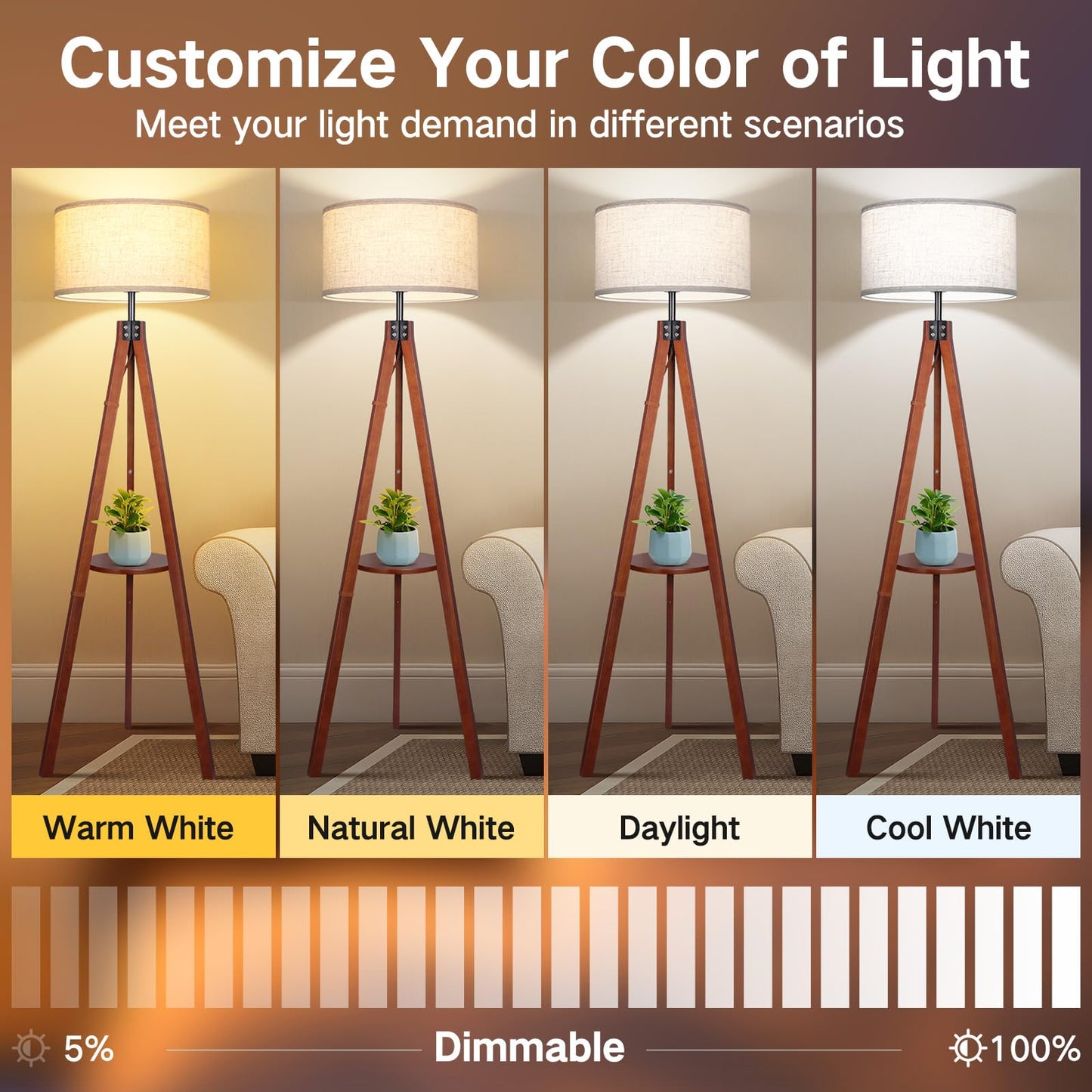 OUTON Dimmable Wood Tripod Floor Lamp with Shelves, Remote Control, Mid Century Modern Standing Lamp 58.5" for Bedroom, Living Room, and Office, Flaxen Lamp Shade Include E26 9W Bulb