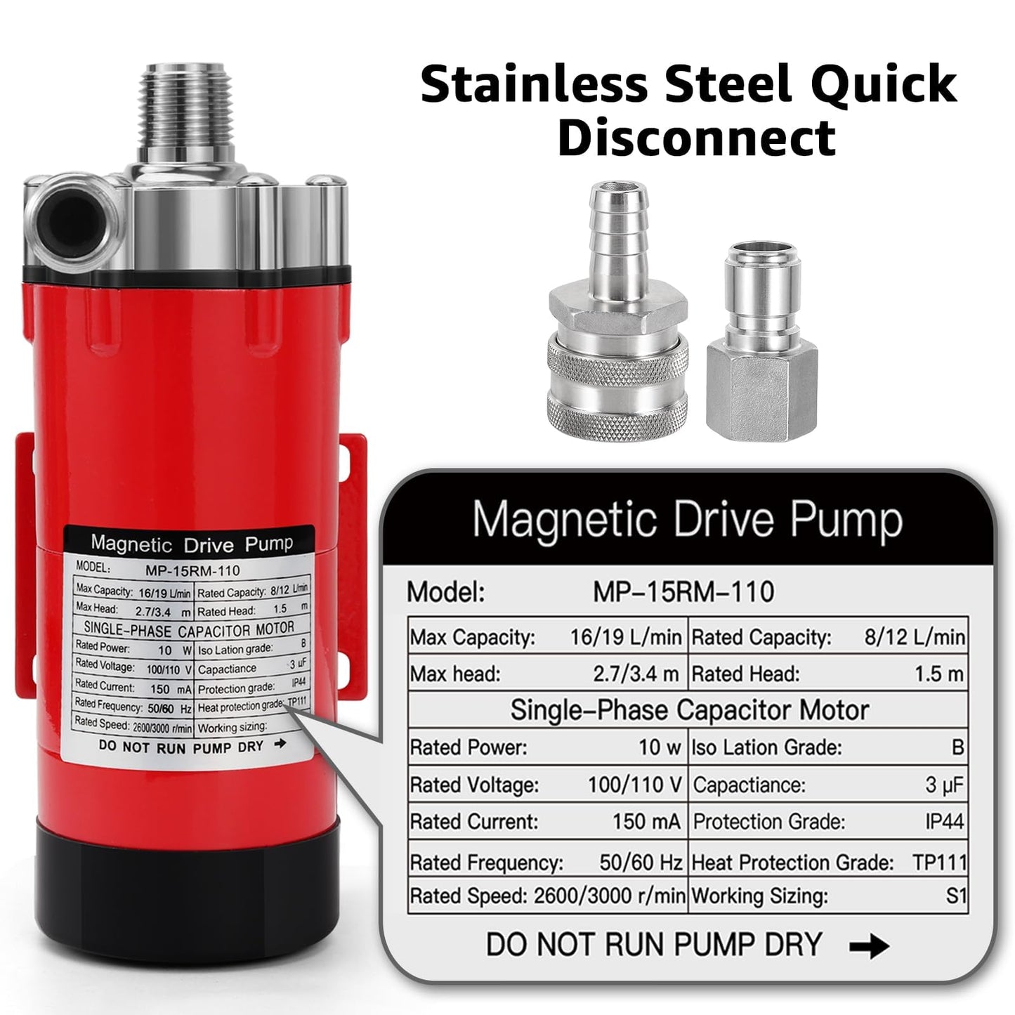 MRbrew Wort Pump Quick Disconnect Set Stainless Steel Magnetic Beer Pump for Wort Transfer, 1/2” NPT Thread 110V Quiet Operation With Switch Brewing High Temperature Resistance for Homebrew