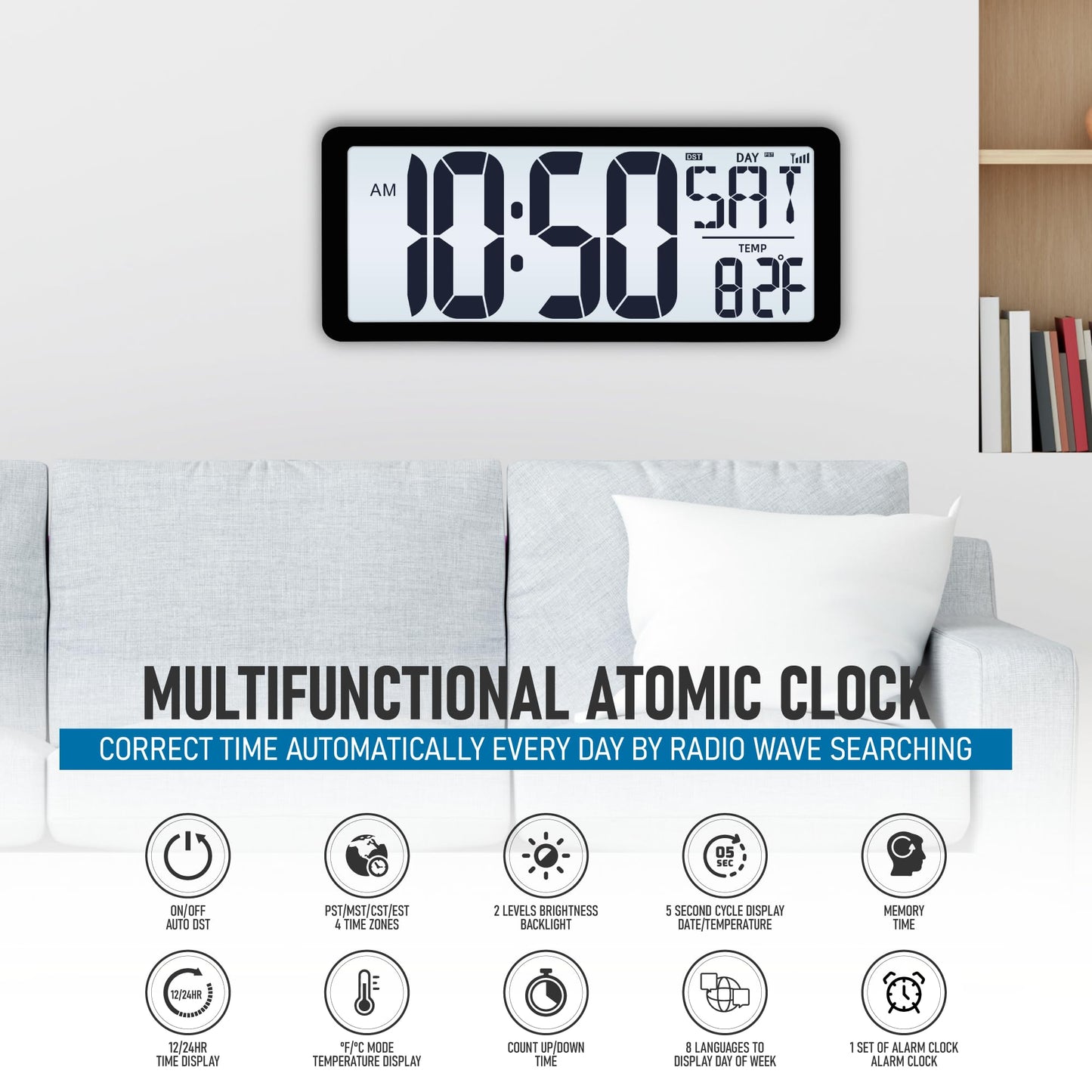 TXL Atomic Clock with Backlight, 14.2" Large Digital Wall Clock Battery Operated, Digital Clock Large Display with Day, Date & Temperature, Large Wall Clock for Bedroom, Livingroom, Office