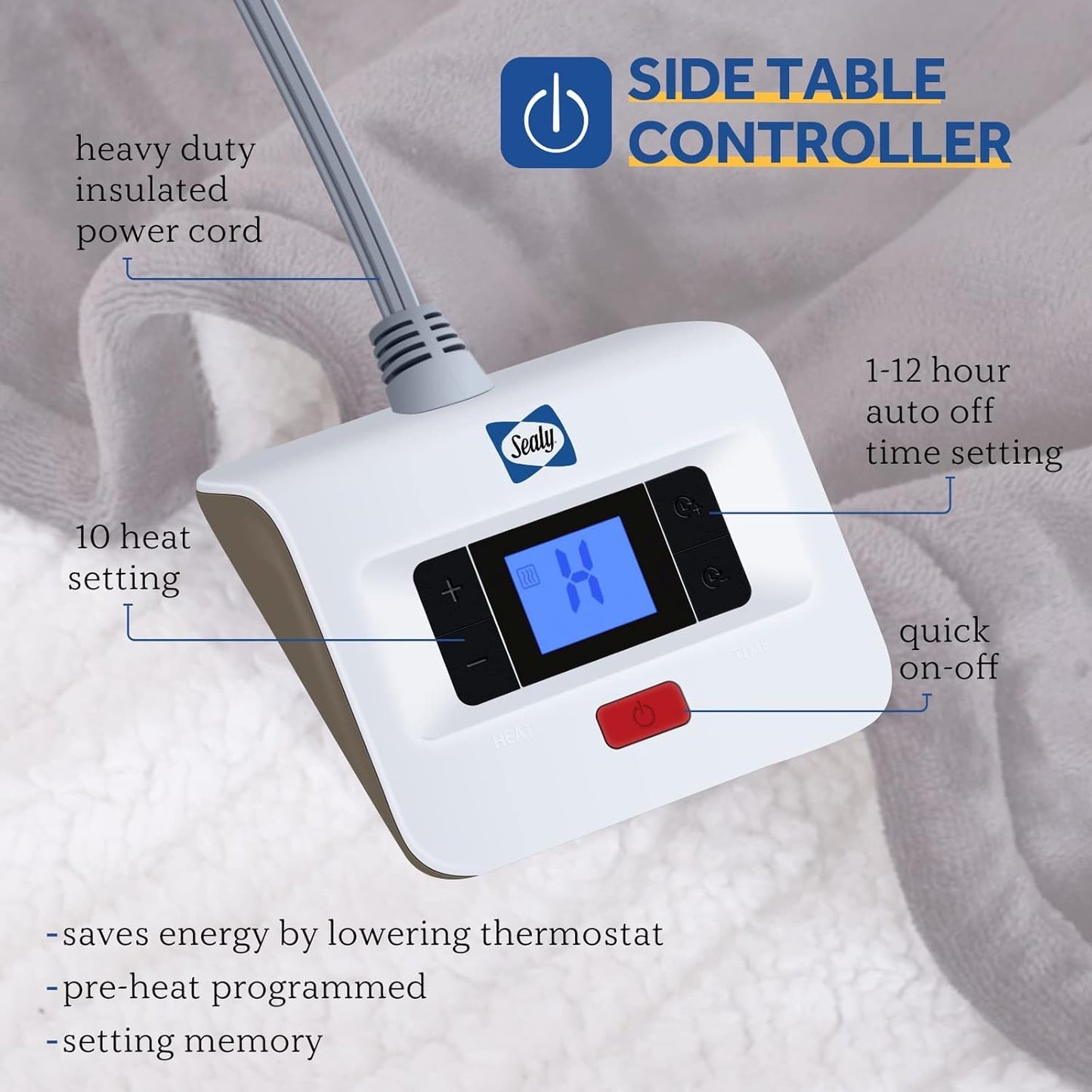 Sealy Electric Blanket Twin Size, Flannel & Sherpa Heated Blanket with 10 Heating Levels & 1-12 Hours Auto Off, Fast Heating Blanket, Machine Washable, Light Grey, 62x 84 Inchd Blanket