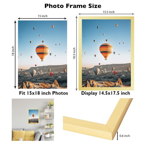 JCJMY 15x18 Picture Frame Gold for Photo and Poster, Horizontal and Vertical Formats for Wall Hanging, Wall Gallery Frame for 15 by 18 Photos