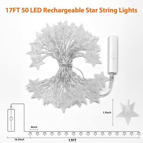 Lakumu LED Star String Lights - 50 Twinkle Lights with 8 Modes & Timer | 17FT Battery Operated Warm White Decor