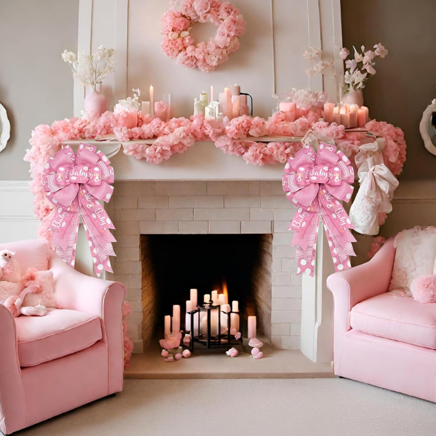 Montekin Large Baby Shower Bows - 20x11 Inch Wired Burlap Wreath Bow for Boys & Girls | Perfect Spring Decoration (Pink)