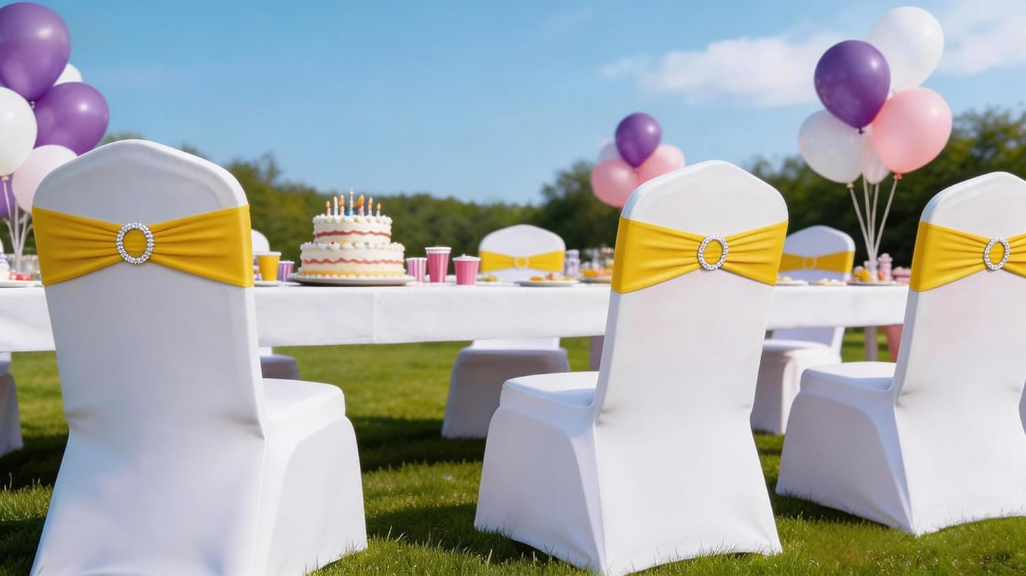 Skiennix Spandex Yellow Chair Sashes - Pack of 50 with Buckles for Weddings & Events