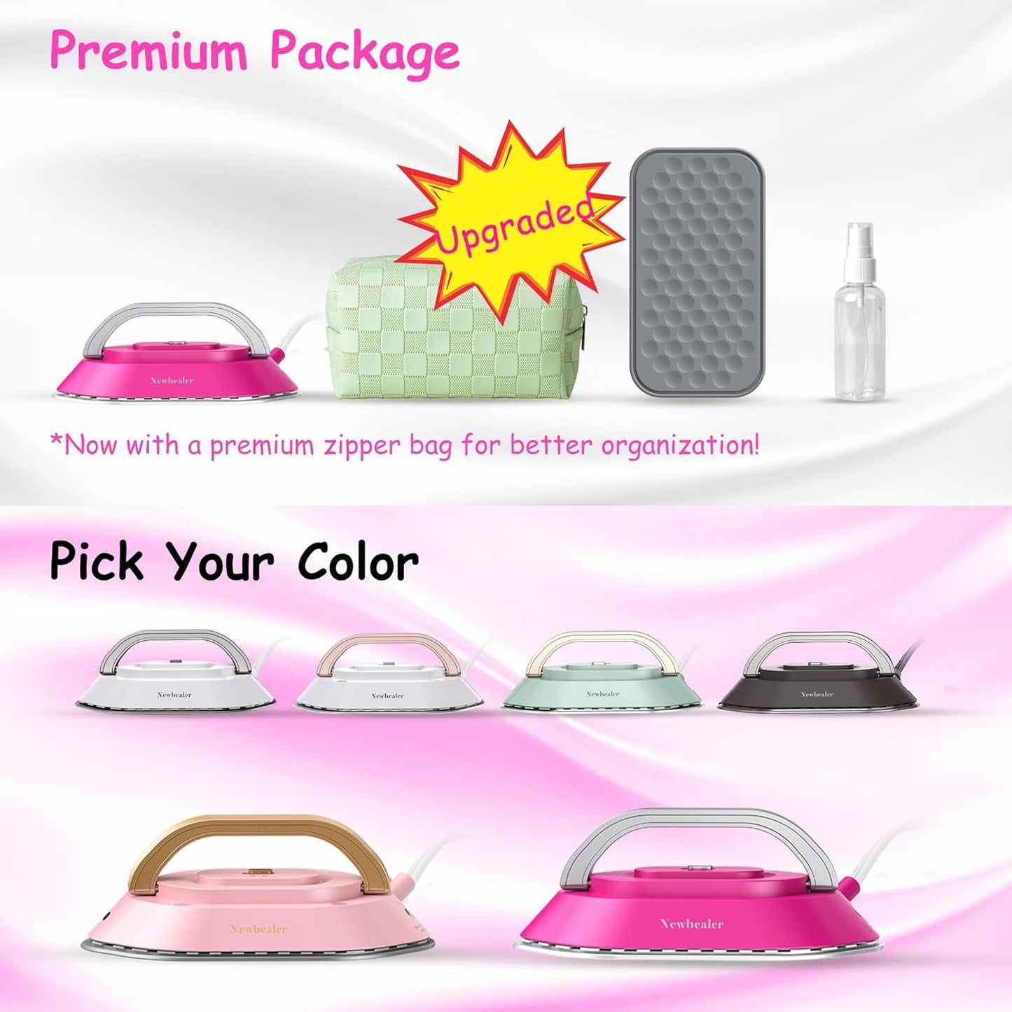 Newbealer Travel Iron - Mini Dry Iron with Global Voltage, 100-240V, 300W, Non-Stick Soleplate | Hot Pink, Ultra-Lightweight