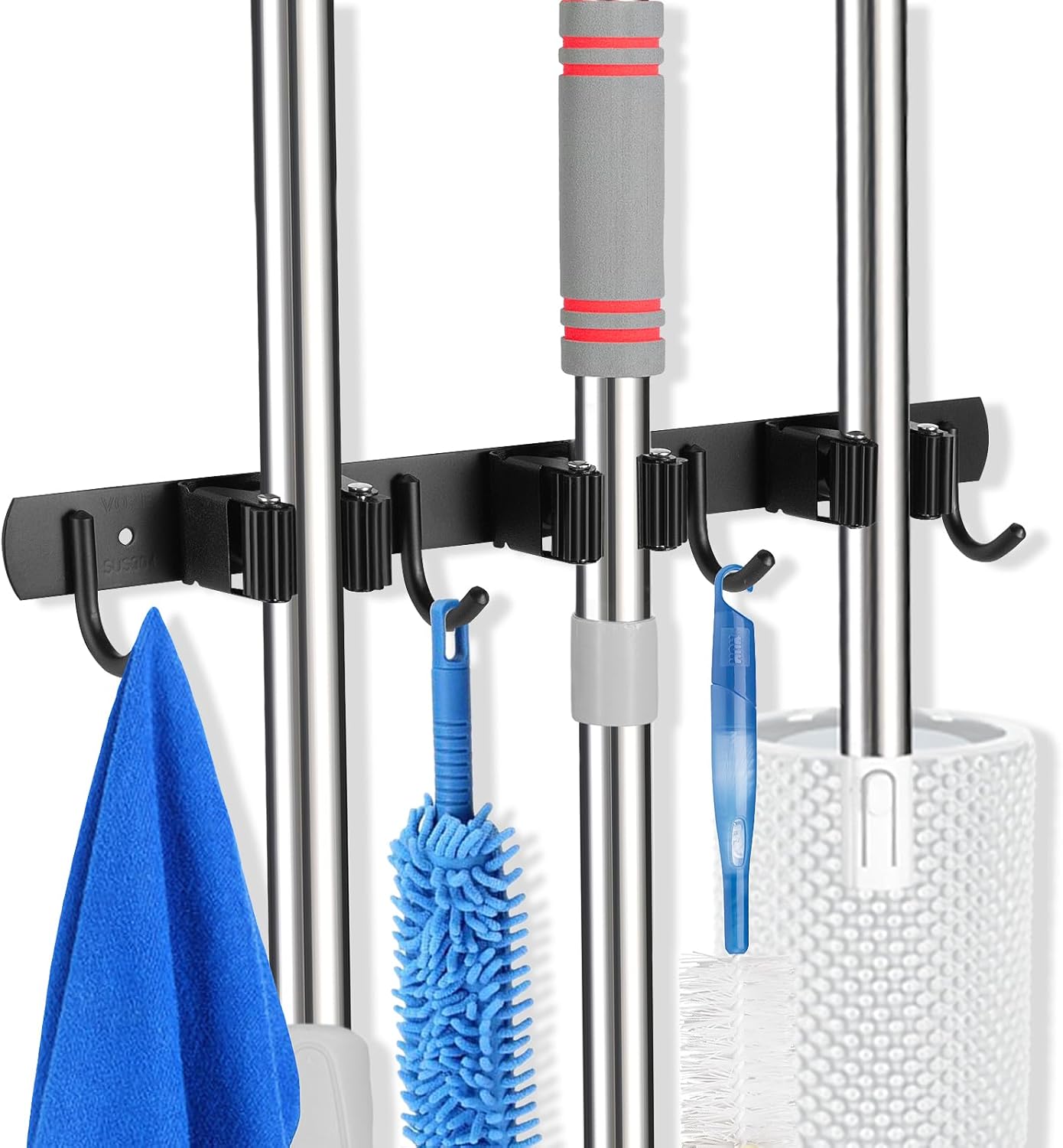 Voze Mop and Broom Holder - 3 Racks & 4 Hooks, Heavy Duty Wall Mount Organizer for Home & Garage