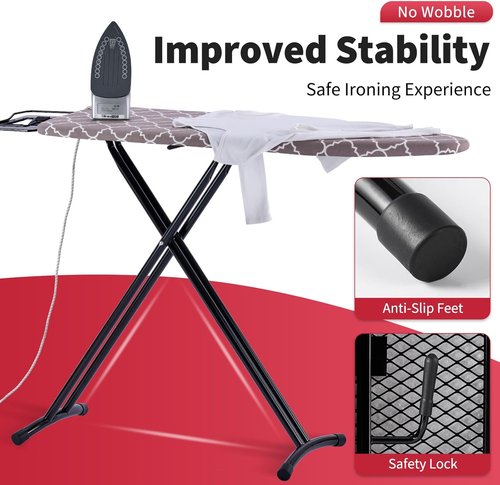 Full Size Ironing Board - Sturdy 57” x 15” Design with Iron Rest & Heat Resistant Cover - Black Gray