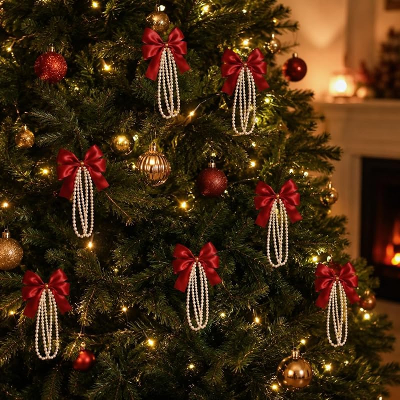 Pearl-Trimmed Red Satin Christmas Ornament Bow Set, 12 Pieces