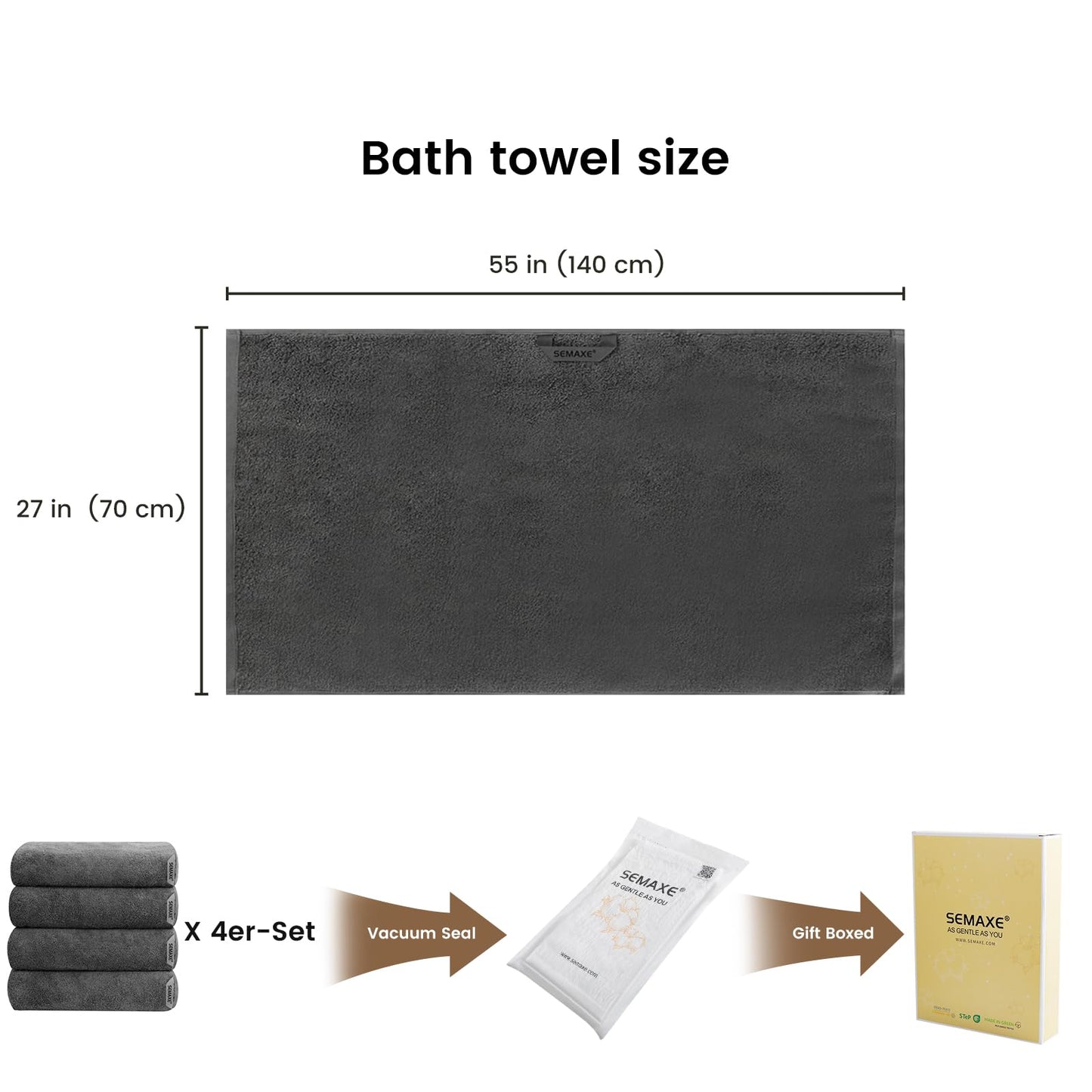 SEMAXE 4 Piece Grey Bath Towel Set for Bathroom, 100% Cotton Bath Towels with Hanging Loop, 55 x 27 Inch, Soft Absorbent & Quick Dry, for Home