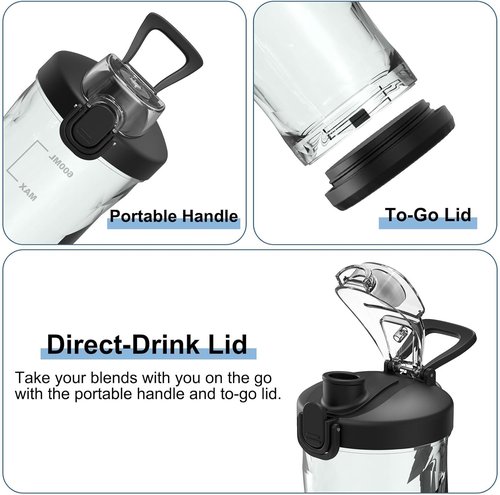 DENOKIN Portable Blender - Cordless 20oz Personal Size Blender for Shakes & Smoothies | Elegant Black with 6 Blades & Travel Lid