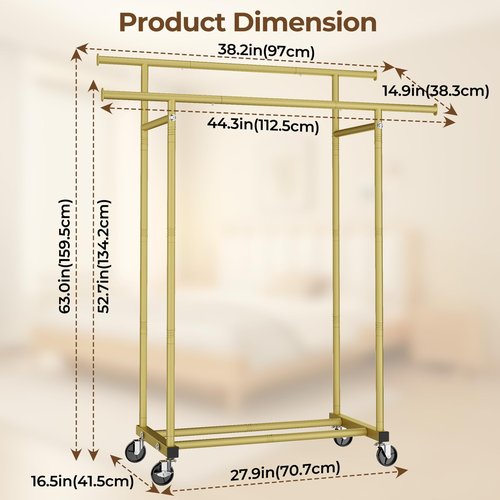 HYSEYY Double Rods Clothes Rack, Sturdy Rolling Clothing Rack, Portable Clothing Racks for Hanging Clothes - Metal Garment Rack Wardrobe Coat Rack for Bedroom Laundry Living Room, Gold