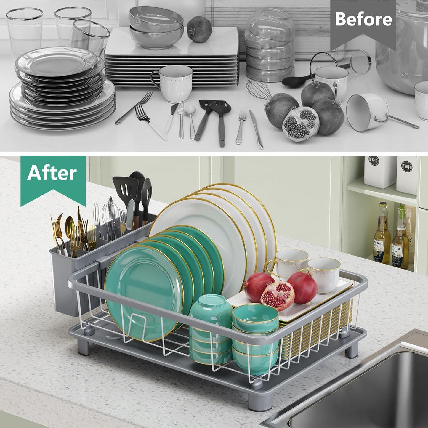 Skiennix Dish Drying Rack - Space-Saving Kitchen Rack with Drainboard & Removable Utensil Holder | Gray