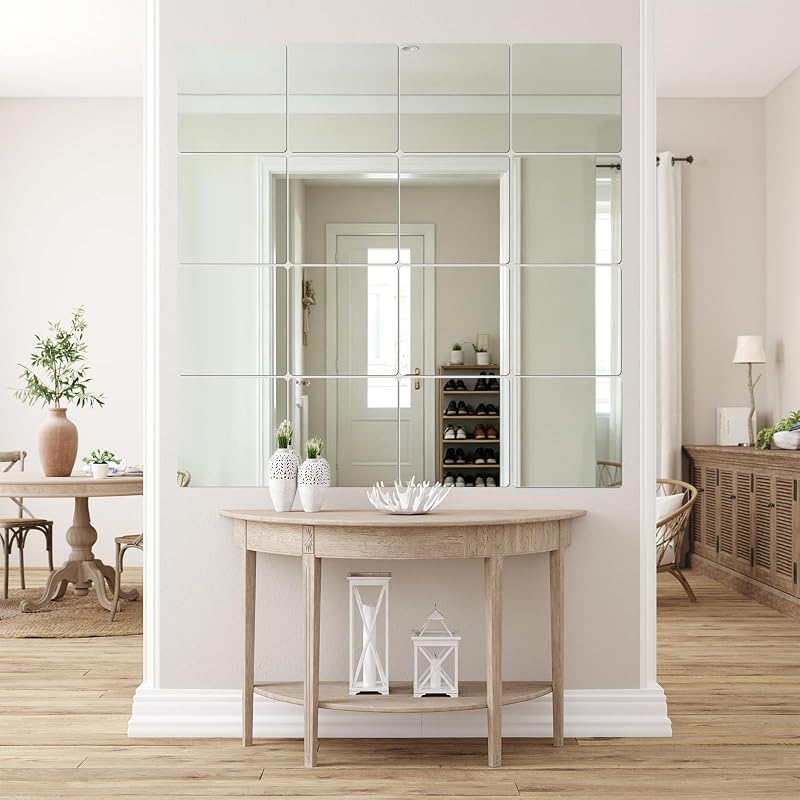 12" 16Pcs Square Acrylic Mirror Tiles Self-Adhesive Wall Panels for DIY Decor