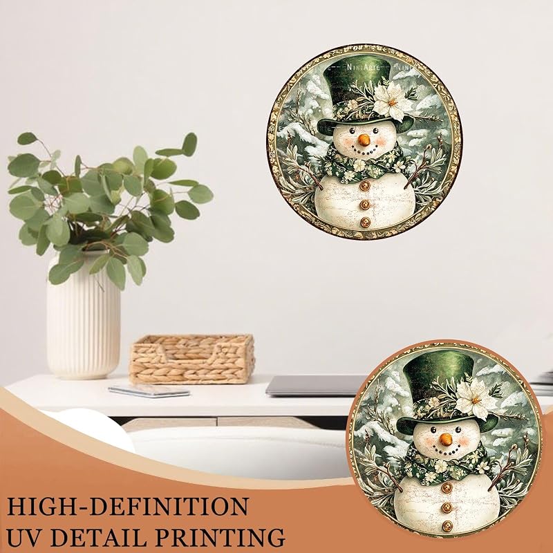 Christmas Snowman Wreath Sign - Round 8x8 in Metal Wall Decor Indoor Outdoor