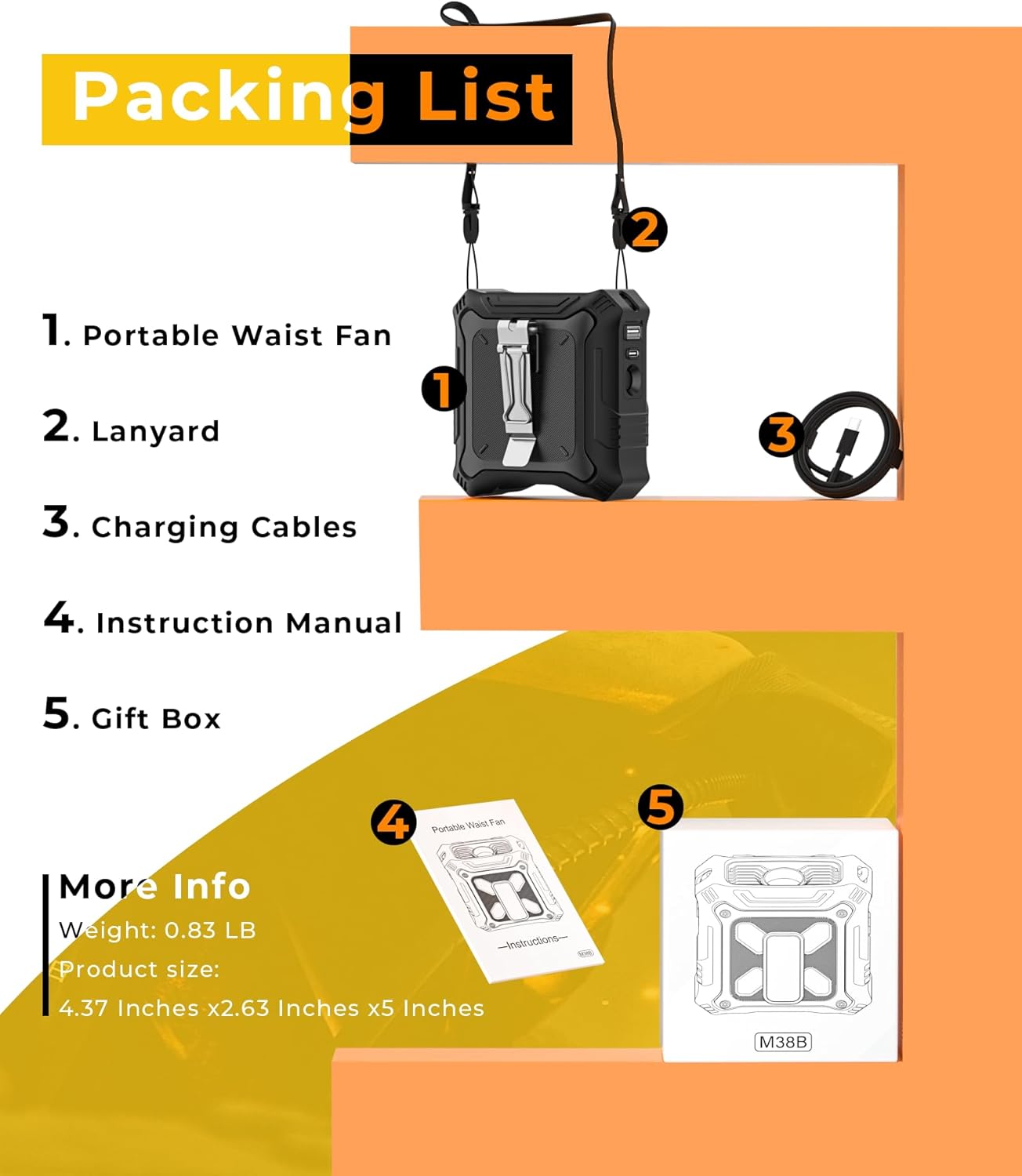 TUNISE Portable Fan - 5-Speed Dual-Sided Clip-On Wearable Waist Fan | 8000mAh Power Bank & Flashlight