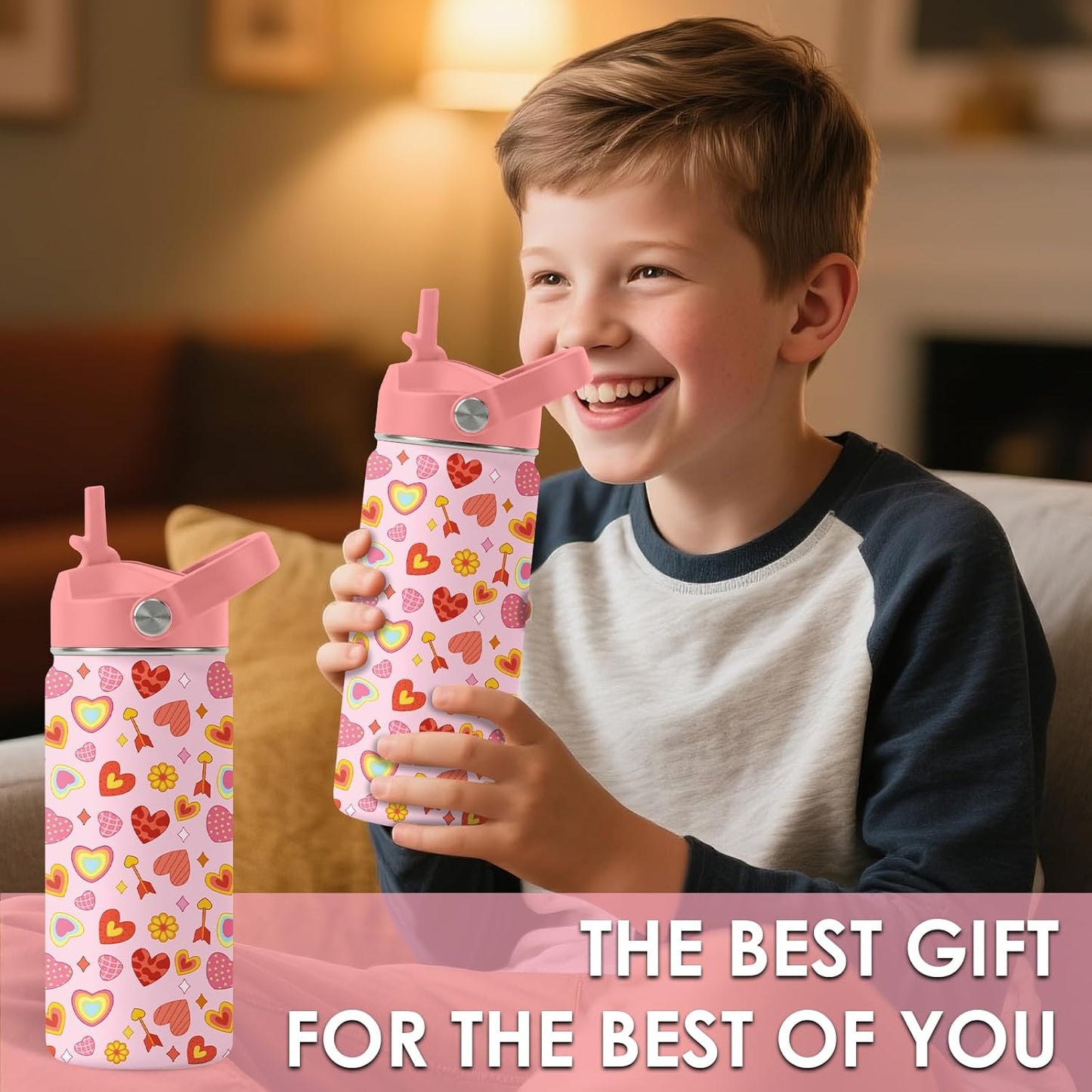 Skiennix Heart Pattern Kids Water Bottle - 16 Oz Stainless Steel Insulated Tumbler, Leak Proof, BPA-Free, Ideal for School & Travel
