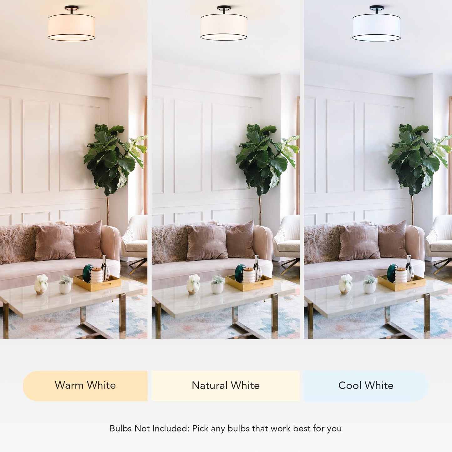 VONLUCE Semi Flush Mount Ceiling Light, 18" Ceiling Light Fixture with Diffused Shaped, 3-Light Modern Drum Light Fixture for Bedroom Living Room Entryway Hallway, White Shade & Black Finish