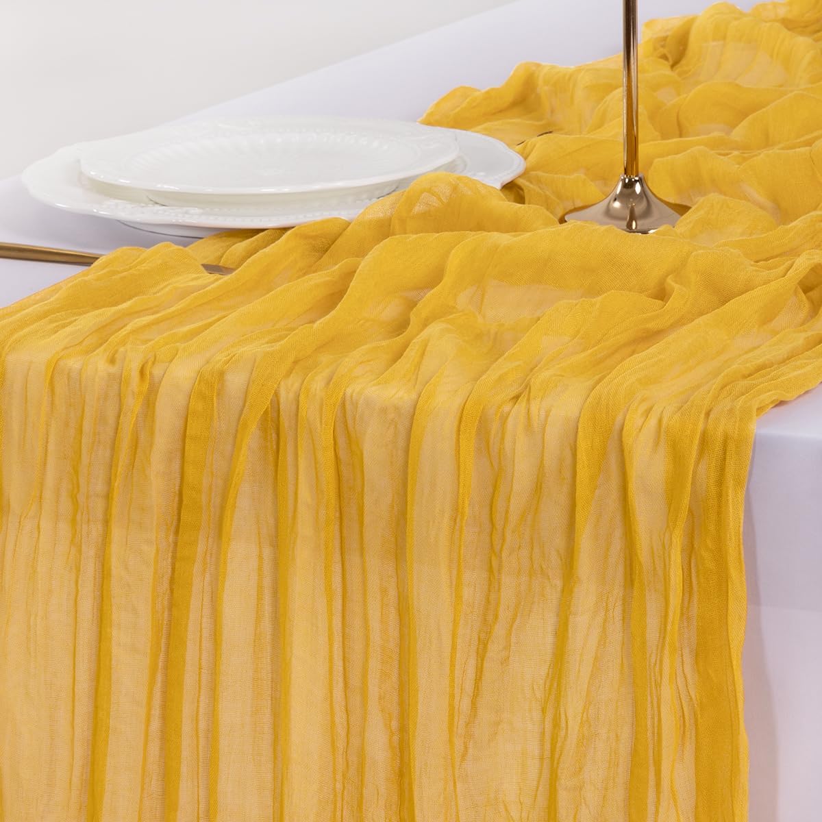 Socomi Cheesecloth Table Runner - 120 Inch Gold Yellow Boho Rustic Sheer Decor for Weddings & Events