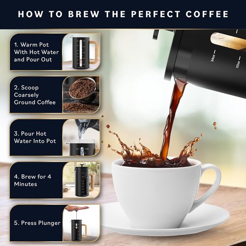 Home Hero French Press Coffee Maker - 34 oz Heat Resistant Borosilicate Glass with Bamboo Handle | 4 Layer Filter, Black