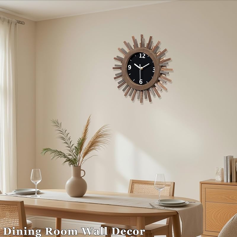 Tricolor 12 Inch Silent Sunburst Rustic Wood Wall Clock - Battery Operated