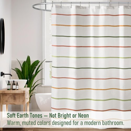 Treory Kids Boho Shower Curtain Set with Hooks, Minimalist Hand-Drawn Soft Pastel Stripes in Warm Earth Tones, Waterproof Fabric Shower Curtain for Modern Farmhouse Bathroom, 72" x 72"