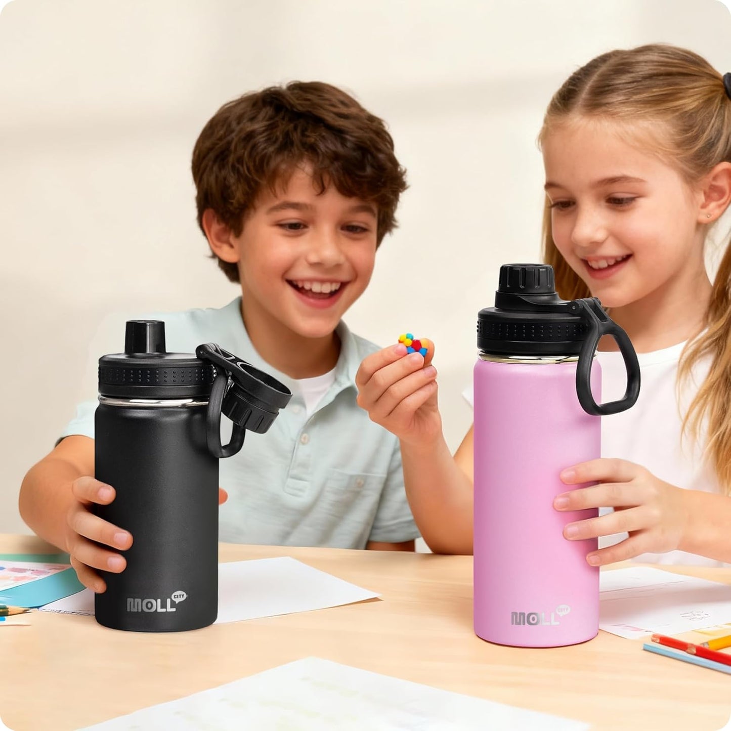 Skiennix Kids Water Bottle - 12 oz Stainless Steel, Double Wall Insulated, Leak Proof | BPA-Free (Purple Pink)