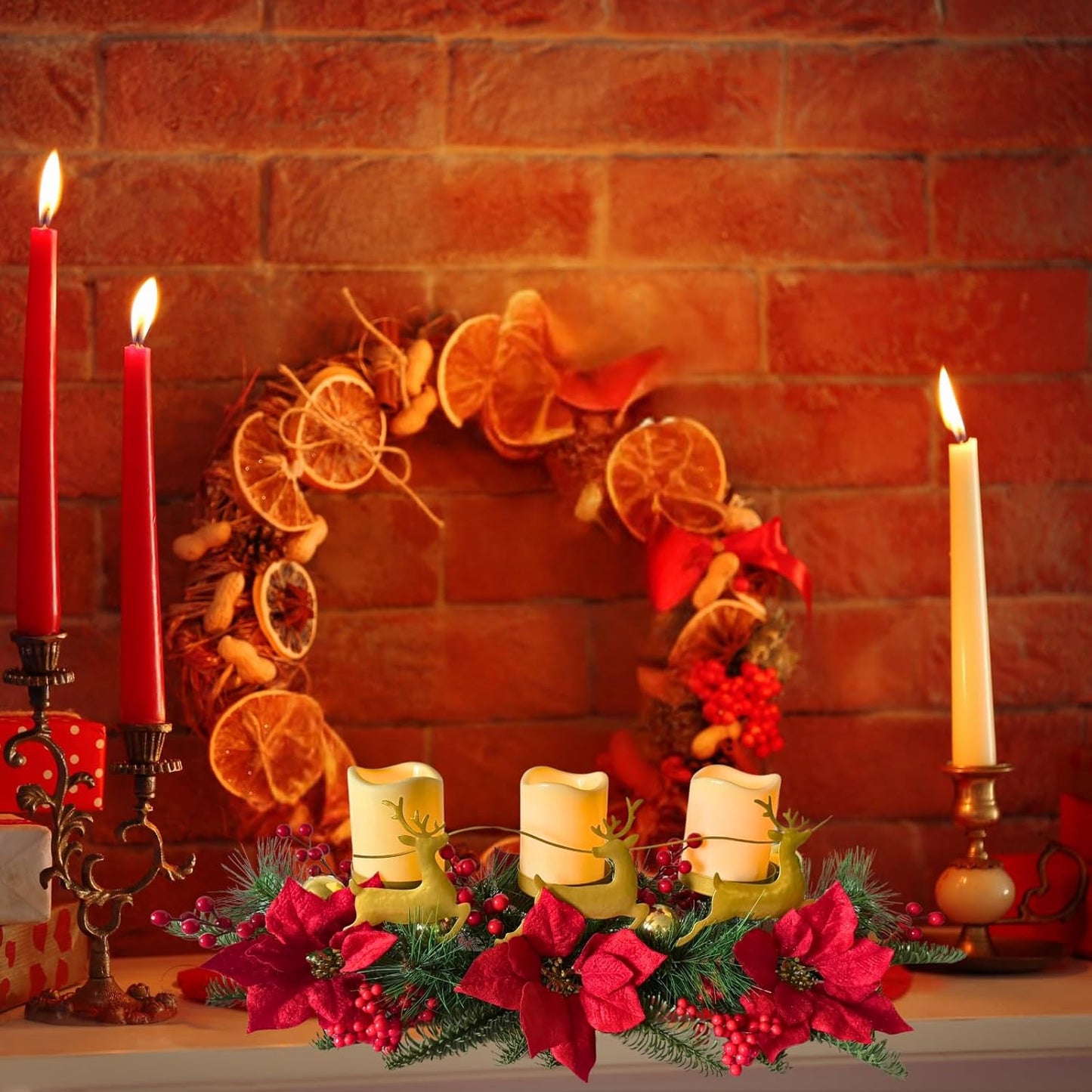 Skiennix Christmas Poinsettia Candle Holder - Elegant Table Centerpiece with Metal Deer & Red Berries
