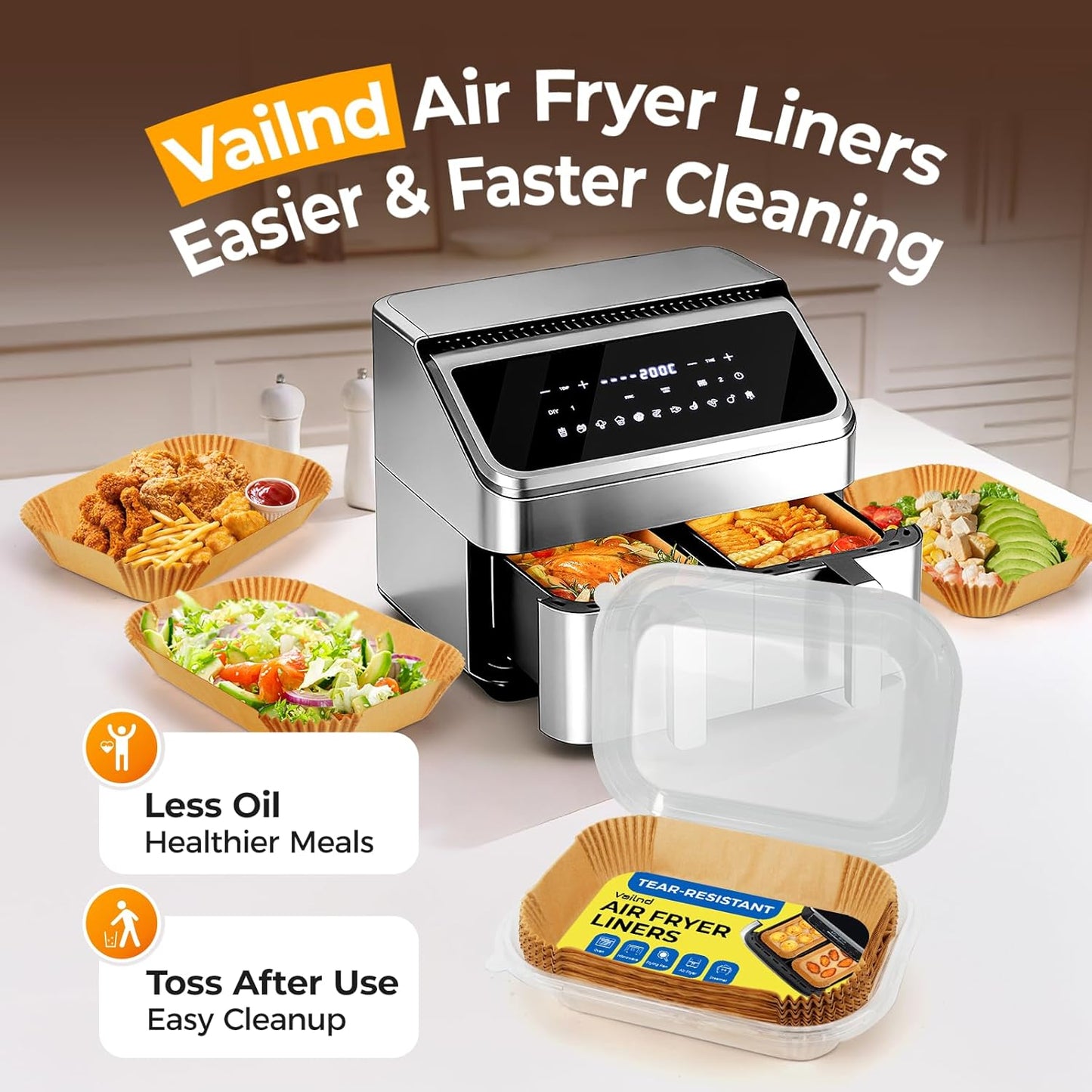 Vailnd Disposable Air Fryer Liners - 100 Pcs 8x5.5 Inch Rectangle Parchment Paper for Ninja & Chefman
