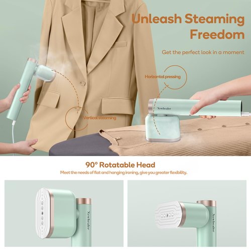Newbealer Steamer for Clothes, 1200W Portable Steam Iron, 2 Steam Levels, Horizontal and Vertical Steaming, Dry Ironing, 15s Heat Up, Rotatable, 302°F Garment Wrinkle Remover, Green (120V Only)
