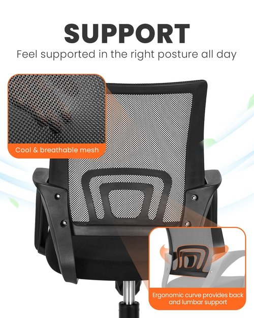 NEO CHAIR Office Desk Computer Chair Ergonomic Mesh Gaming Cushion Seat with Comfy Lumbar Mid Back Support Adjustable Height Swivel Rolling Wheels for Home Task (Black)