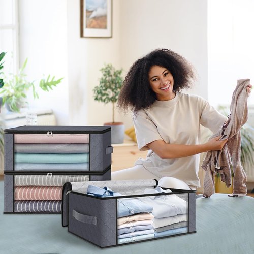 HomeHacks Clothes Organizer Storage Bags - Foldable 35L Box with Clear Window & Sturdy Handles | Gray