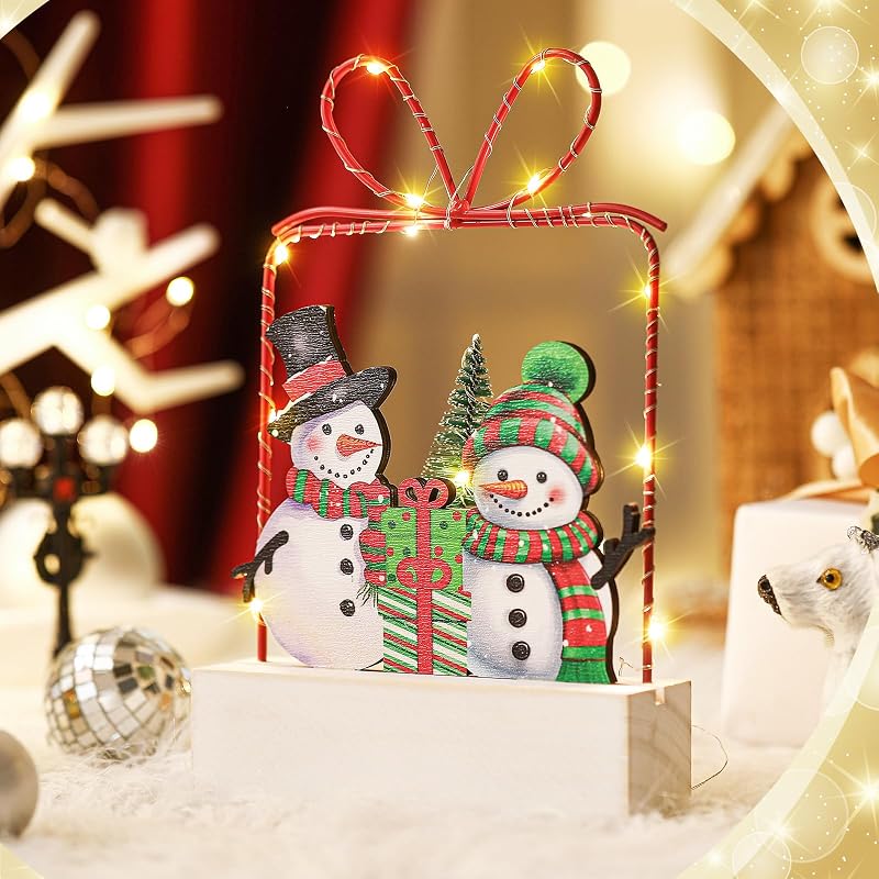 Wooden Lighted Christmas Snowman Tabletop Decor - Battery Operated