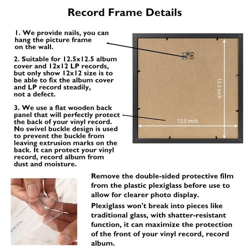 JCJMY Wood Vinyl Record Frame for the Wall, Display 12.5x12.5 Album Cover and 12x12 LP Vinyl Record with Cover, Album Frames, Sturdy 12.5x12.5 Frame Black, 2 Packs
