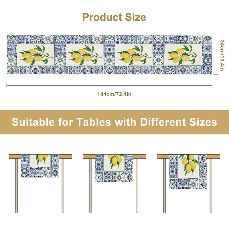 Lemon & Blue Tiles Table Runner 13x60in - Cotton Linen, Reusable Picnic & Dining Decor - Variation Lemon-7+W13"x L60"