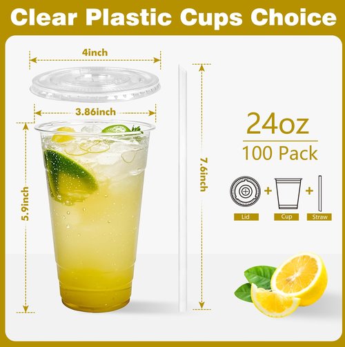 Charmount 24 oz Clear Plastic Cups with Lids and Straws, 100 Sets Disposable To Go Cups for Cold Drinks, Iced Coffee, Coffee Bar Accessories, Smoothies