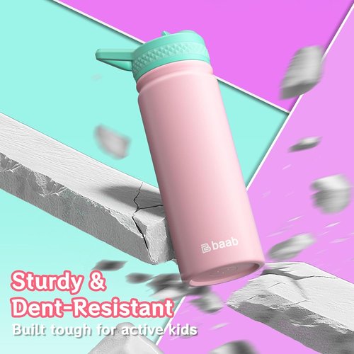 Baab 18oz Insulated Kids Water Bottle - Leakproof Stainless Steel with Straw & Stickers | Pink