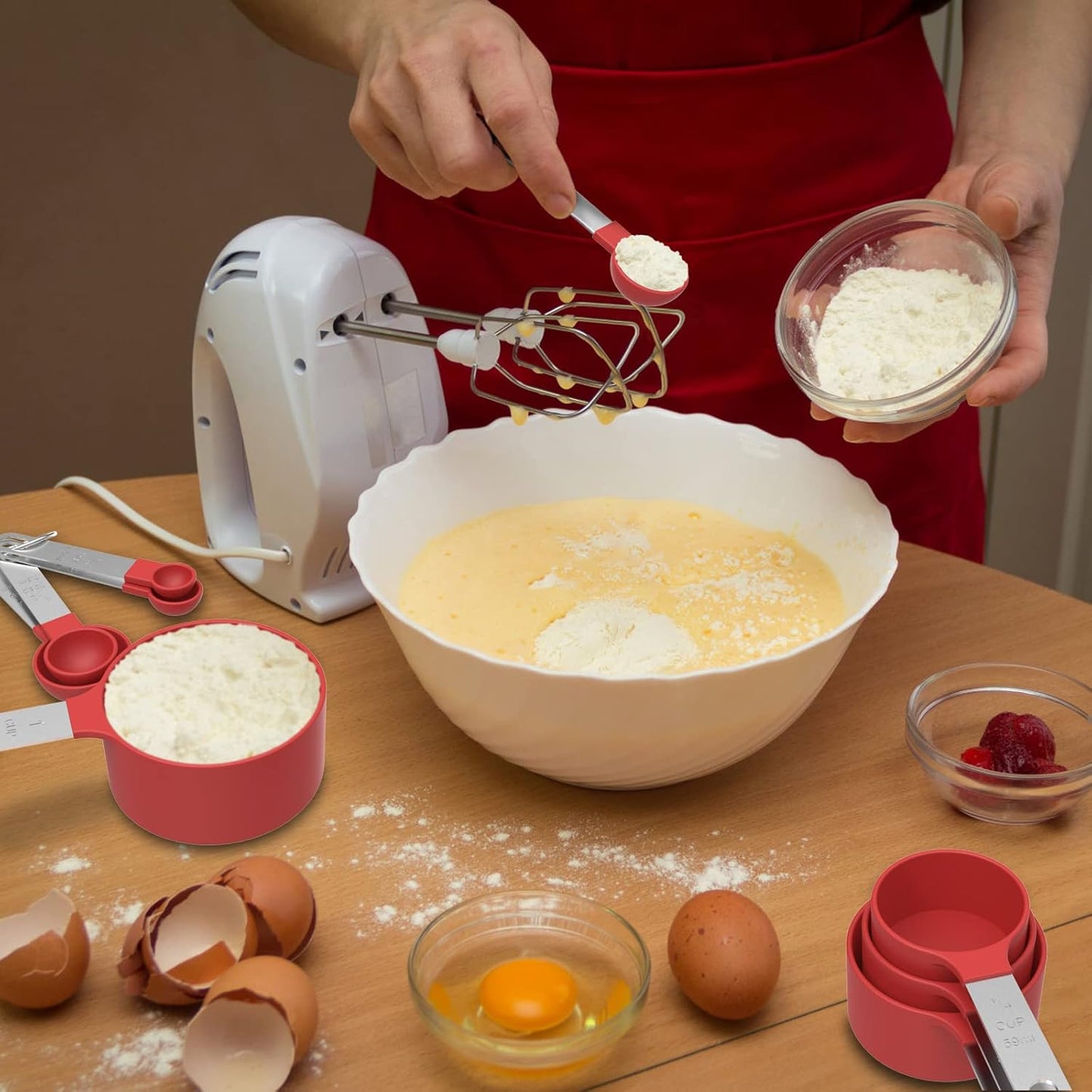TILUCK Measuring Cups & Spoons Set - Stackable Kitchen Gadgets with Stainless Steel Handles | Red
