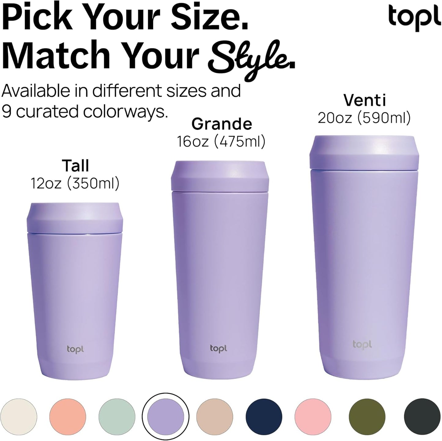 TOPL To Go Coffee Cup - Insulated Stainless Steel Travel Mug with 360° Leak-Safe Lid | Lavender, 16 oz