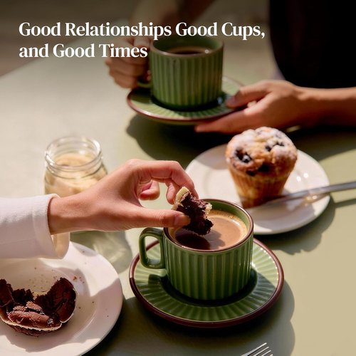 DOWAN Cappuccino Cup Set - 8 OZ Ceramic Coffee Mugs with Saucers | Elegant Ribbed Stoneware for Home & Café