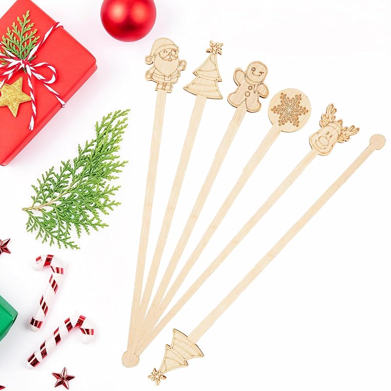 Christmas Bamboo Coffee Stir Sticks 50pc Pack - 7in Stirrers with Santa/Tree Designs (Variation: Christmas+50PCS)