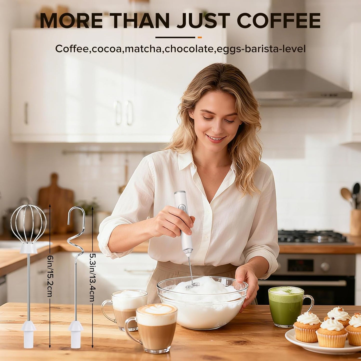 Skiennix Handheld Milk Frother - 3-Speed USB-C Rechargeable Wand with 3 Detachable Whisks | Perfect for Coffee, Latte, Cappuccino, Matcha & More (White)