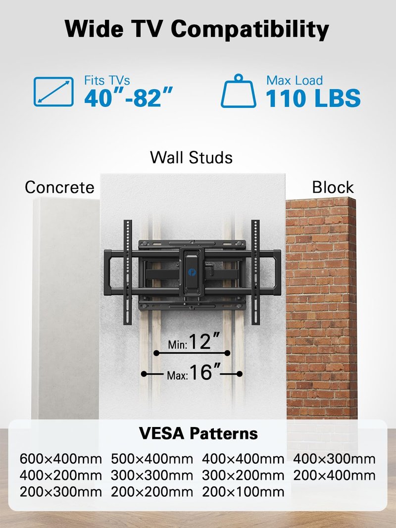 Pipishell Full Motion TV Wall Mount for 40–82 inch TVs, Swivel TV Wall Mount with Smooth Dual Arms, Wall Bracket Fits Most 55+ 65+ 75+ TVs, Max VESA 600x400mm, Fits 12″/16″ Wood Studs, up to 110 lbs
