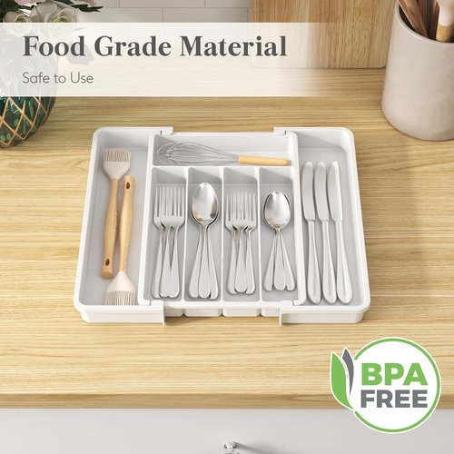 Lifewit Expandable Silverware Drawer Organizer - BPA-Free Utensil Tray for Kitchen | Adjustable 8.5-14 x 12" - White