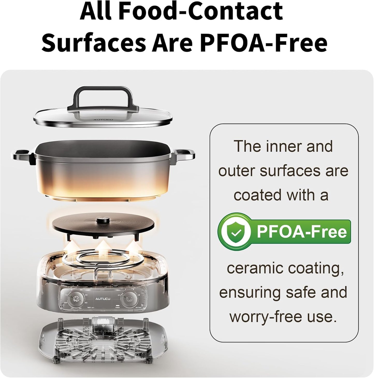 Skiennix 6-Quart Electric Skillet - Non-Stick Ceramic Coated, 1600W with Timer & 3 Power Settings