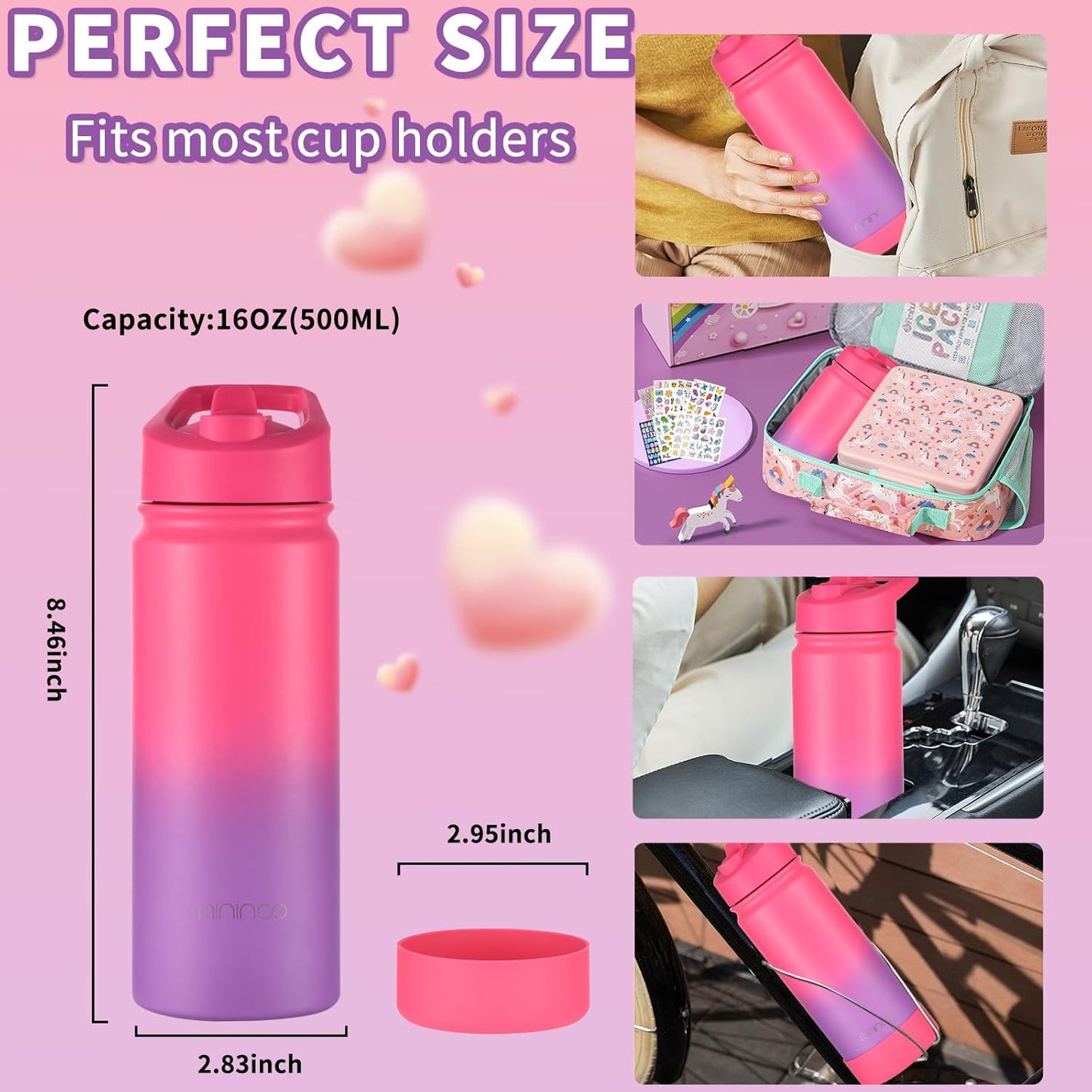 Mininoo Insulated Kids Water Bottle - 16oz Stainless Steel with Paracord Handle | 2 Pack for Boys & Girls