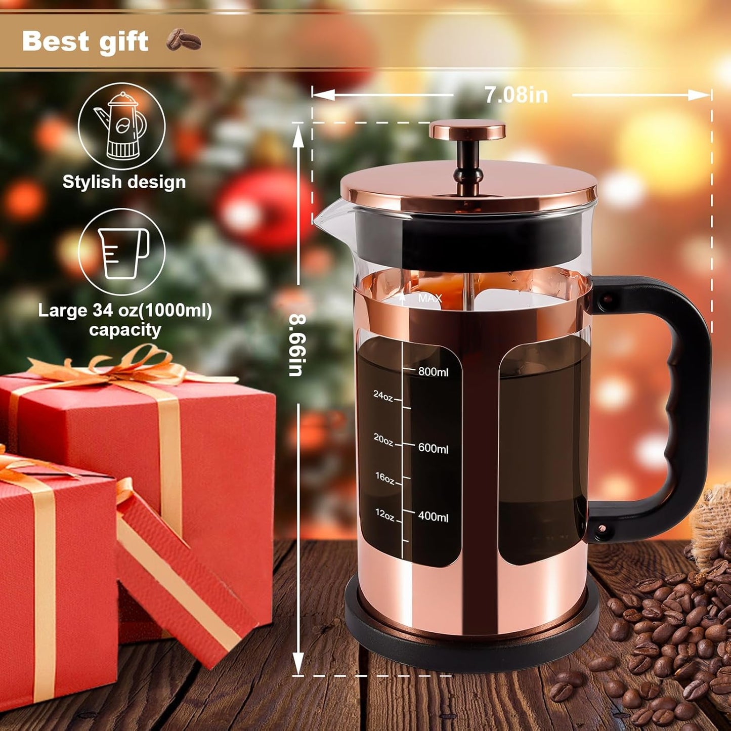 Skiennix French Press Coffee & Tea Maker - 1000ml Heat-Resistant Glass with 4-Level Filtration, Rose Gold
