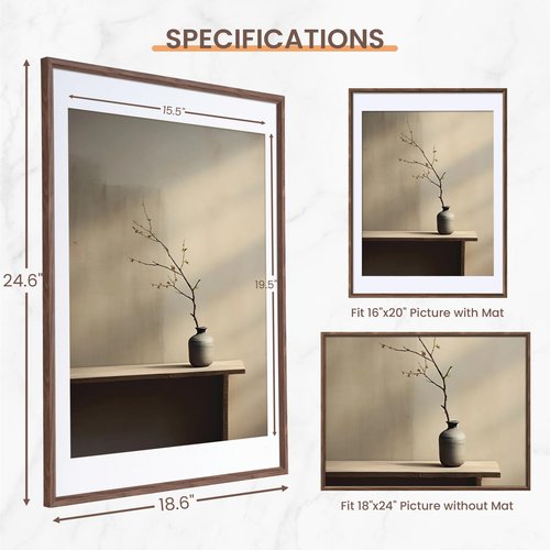 Axeman 18x24 Picture Frame Set of 2, Display 16x20 Pictures with Mat or 18x24 without Mat, Thin Border Wall Gallery Photo Frames for Wall and Tabletop Display, Walnut