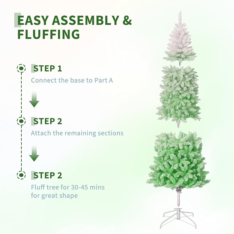 6ft Green Gradient Snow Flocked Prelit Pencil Christmas Tree - 100 Dual Color LED Lights, 320 Tips, Metal Stand (Variation: White & Green Gradient+6ft)