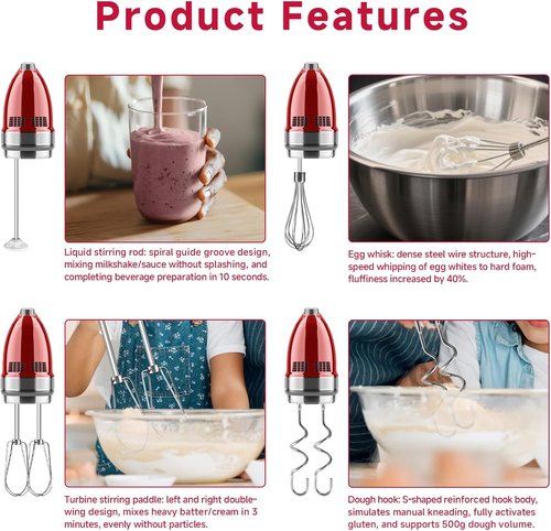 Kitchenaid Hand Mixer Attachments - Stainless Steel Beater Set with Whisk, Mixing Rod & Dough Hook | 6-Piece Set